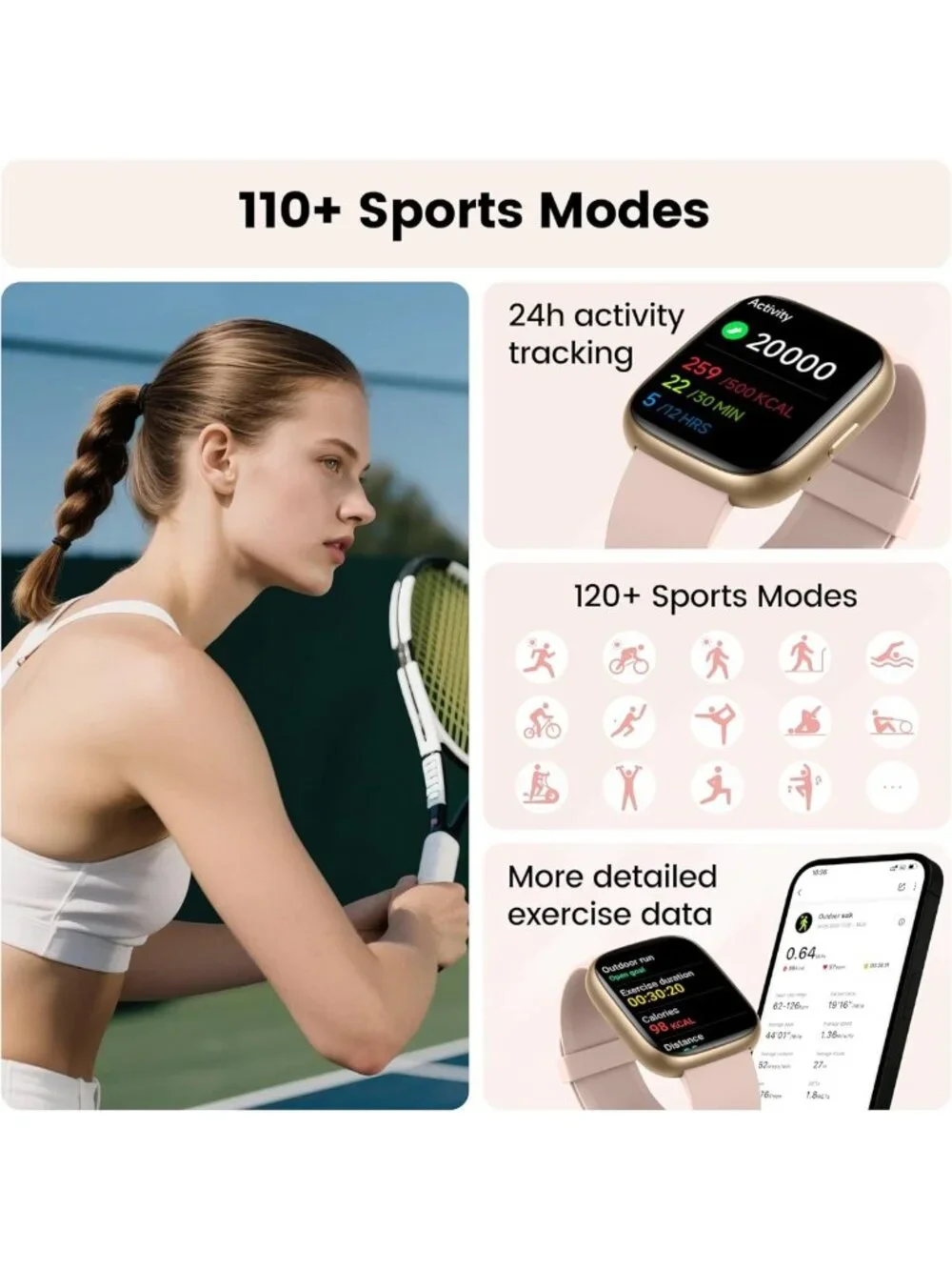 Stylish Pink Smart Watch with Alexa, 1.83